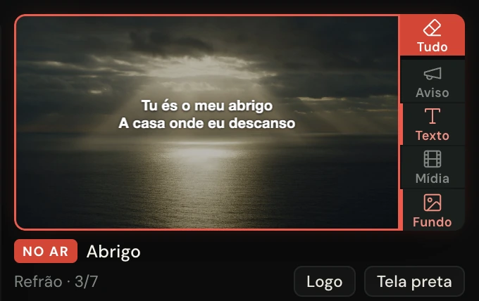 O telão com a coluna de limpar ao lado: Tudo, Aviso, Texto, Mídia e Fundo.
