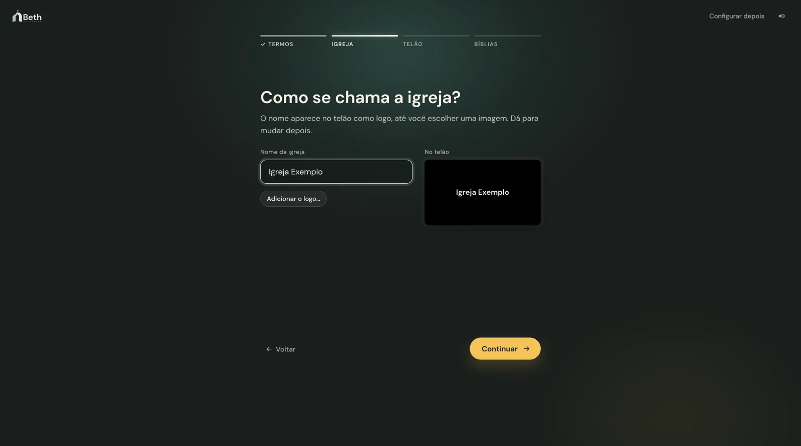 A etapa Como se chama a igreja, com o nome aparecendo no telão.