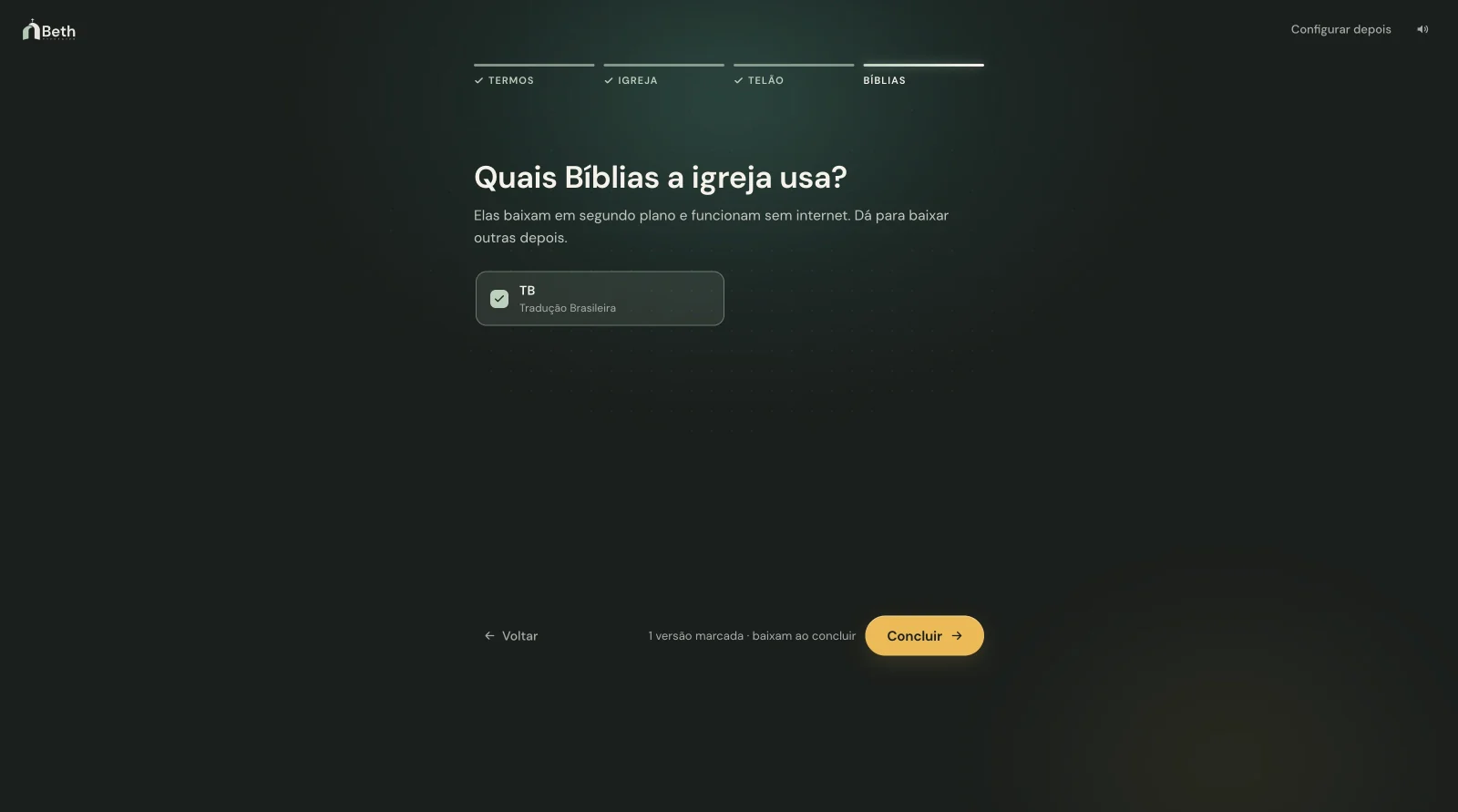 A etapa Quais Bíblias a igreja usa, com uma versão marcada para baixar.